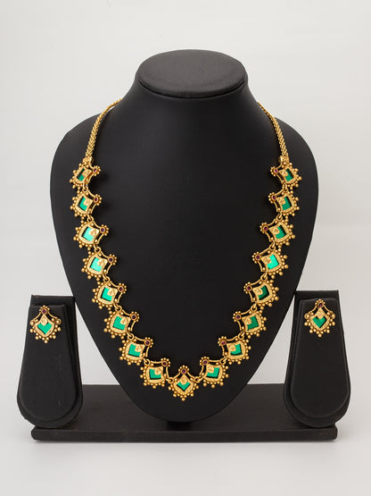 Aadita Antique  Long Necklace Set with Green Stone Kite Links and Gold Bead Border with Earrings