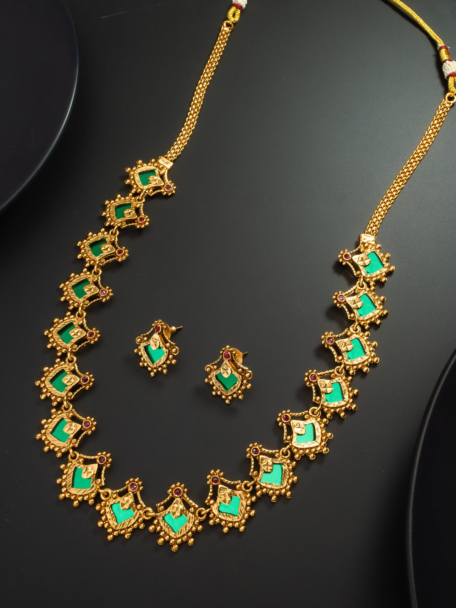 Aadita Antique  Long Necklace Set with Green Stone Kite Links and Gold Bead Border with Earrings