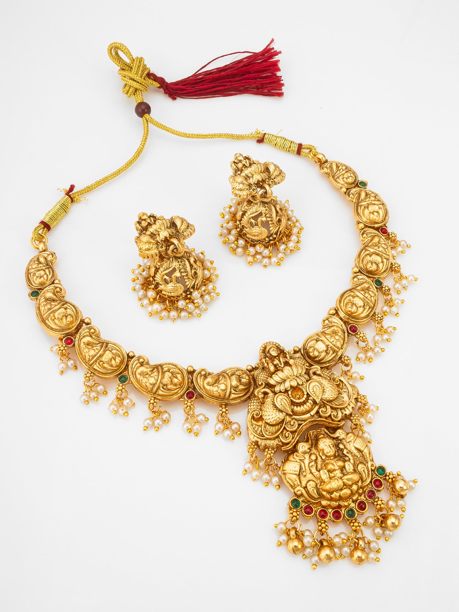 Aadita Nakshi Temple Necklace Set with Peacock Jhumki Earrings and Pearl Drops
