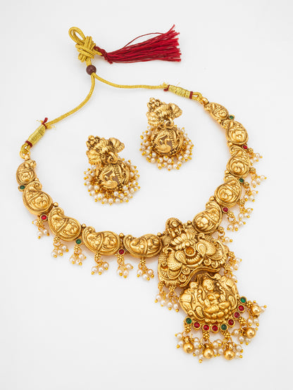 Aadita Nakshi Temple Necklace Set with Peacock Jhumki Earrings and Pearl Drops