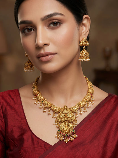 Aadita Nakshi Temple Necklace Set with Peacock Jhumki Earrings and Pearl Drops