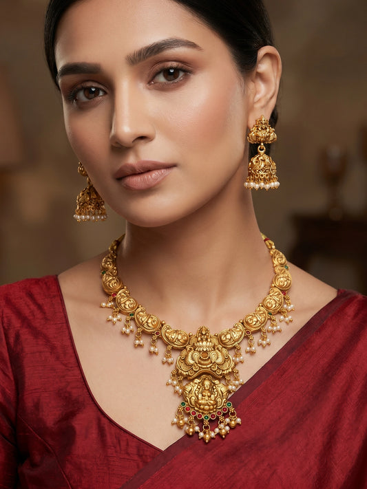 Aadita Nakshi Temple Necklace Set with Peacock Jhumki Earrings and Pearl Drops