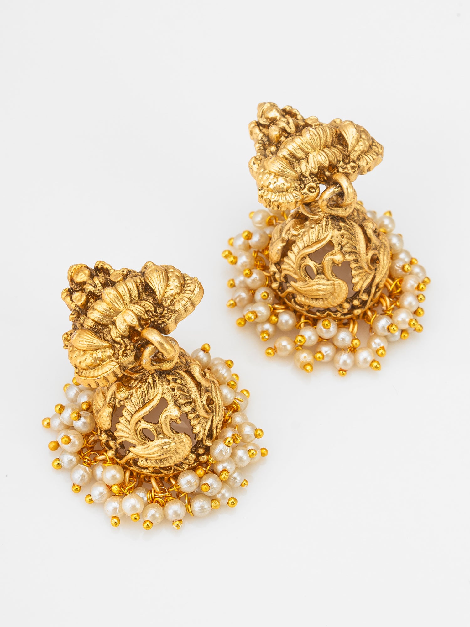 Aadita Nakshi Temple Necklace Set with Peacock Jhumki Earrings and Pearl Drops