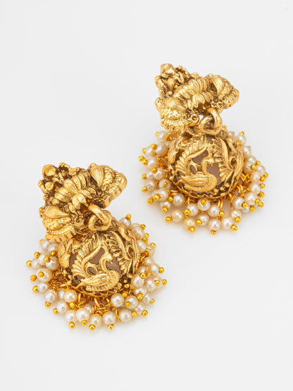 Aadita Nakshi Temple Necklace Set with Peacock Jhumki Earrings and Pearl Drops