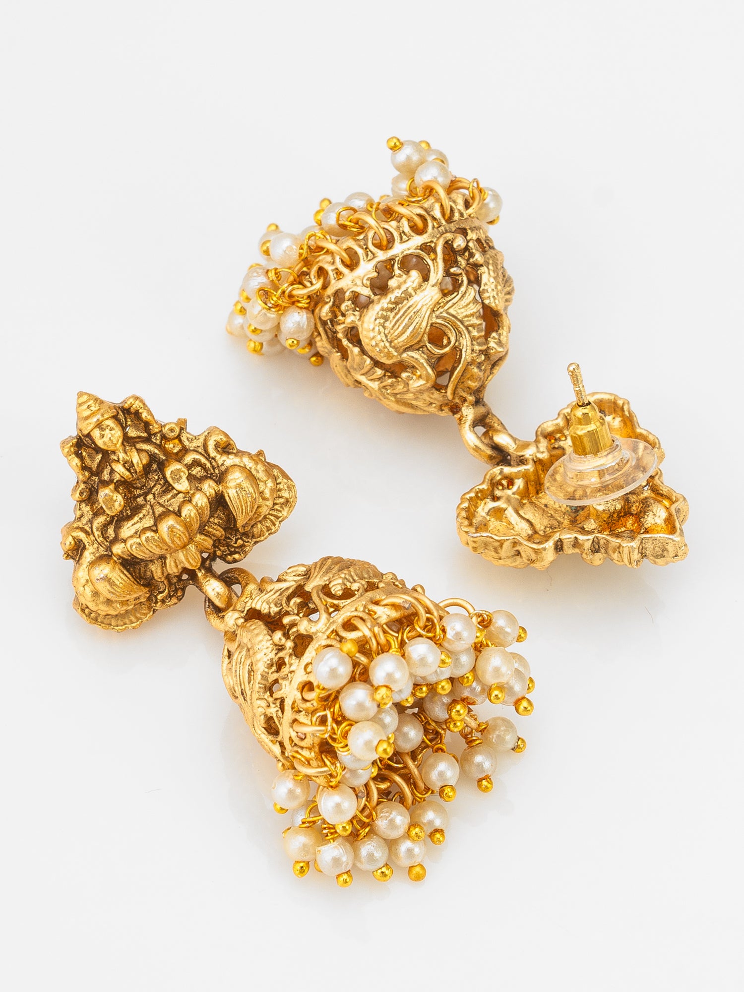 Aadita Nakshi Temple Necklace Set with Peacock Jhumki Earrings and Pearl Drops