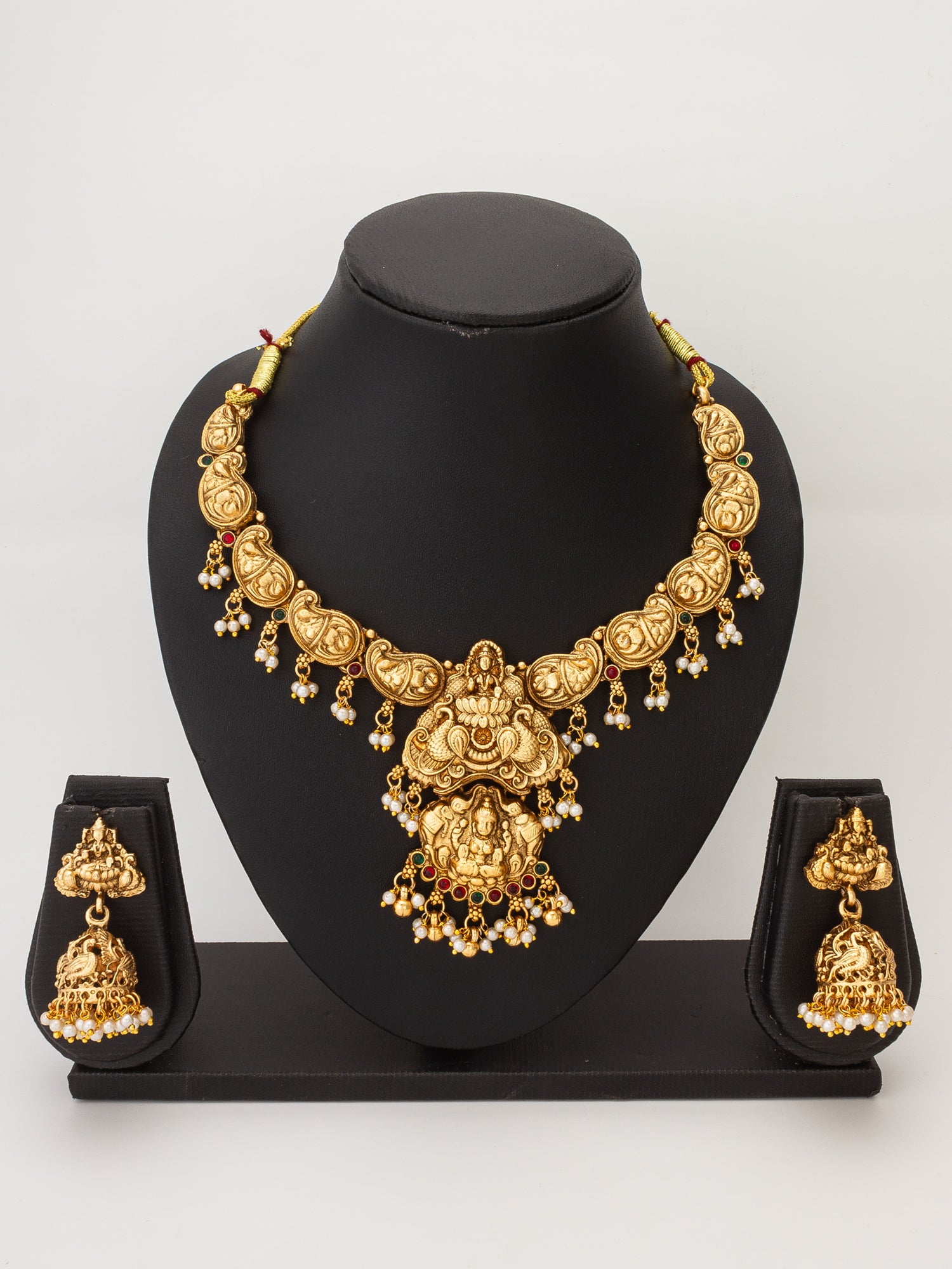 Aadita Nakshi Temple Necklace Set with Peacock Jhumki Earrings and Pearl Drops