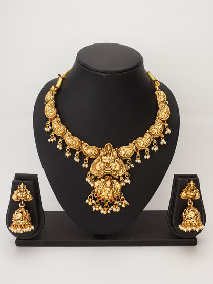 Aadita Nakshi Temple Necklace Set with Peacock Jhumki Earrings and Pearl Drops