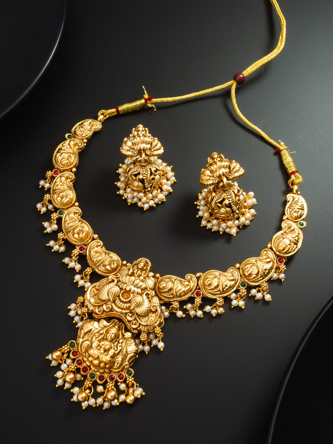 Nakshi Temple Necklace Set with Peacock Earrings and Pearl Drops