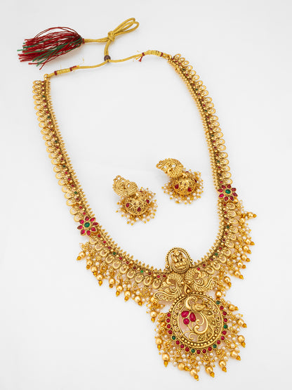 Aadita Nakshi Temple Long Rani Haar with Peacock Motif Pendant with Stones and Pearl Drop Earrings