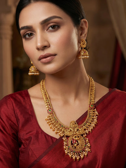 Aadita Nakshi Temple Long Rani Haar with Peacock Motif Pendant with Stones and Pearl Drop Earrings