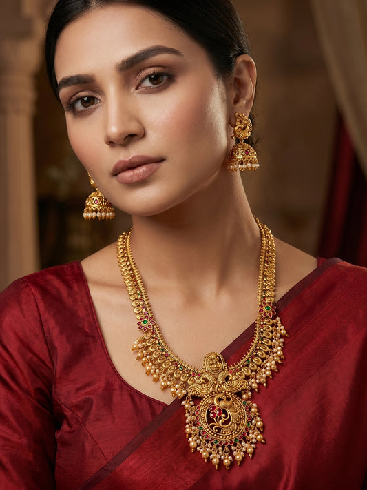 Aadita Nakshi Temple Long Rani Haar with Peacock Motif Pendant with Stones and Pearl Drop Earrings