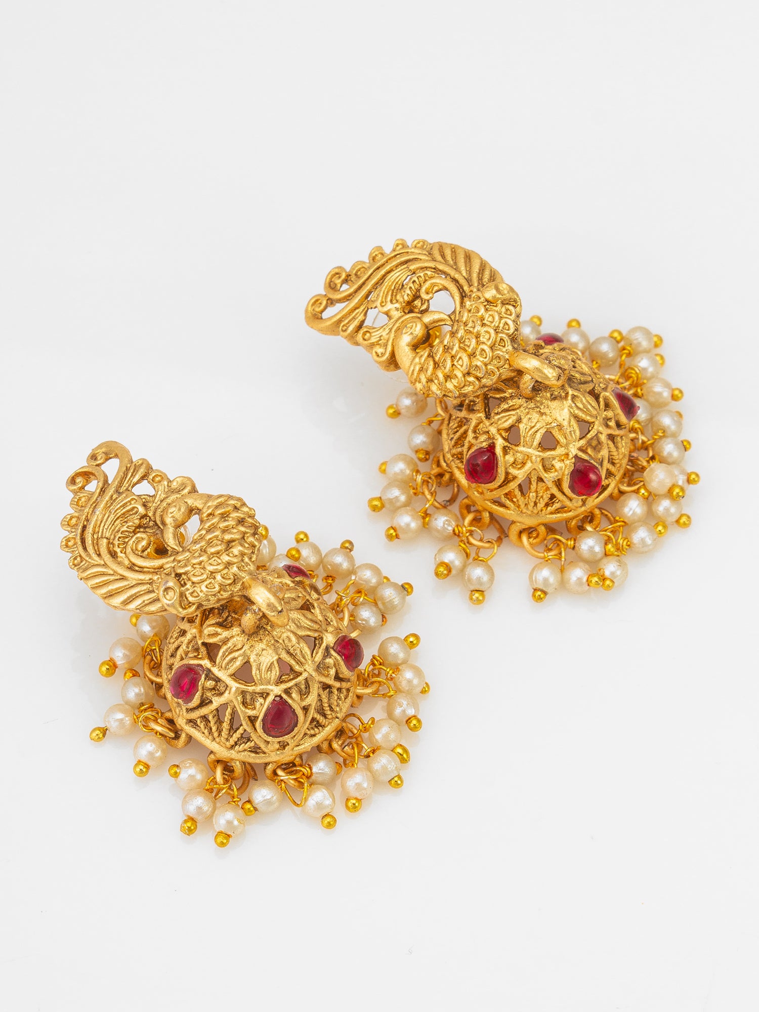 Aadita Nakshi Temple Long Rani Haar with Peacock Motif Pendant with Stones and Pearl Drop Earrings
