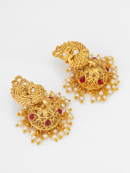 Aadita Nakshi Temple Long Rani Haar with Peacock Motif Pendant with Stones and Pearl Drop Earrings