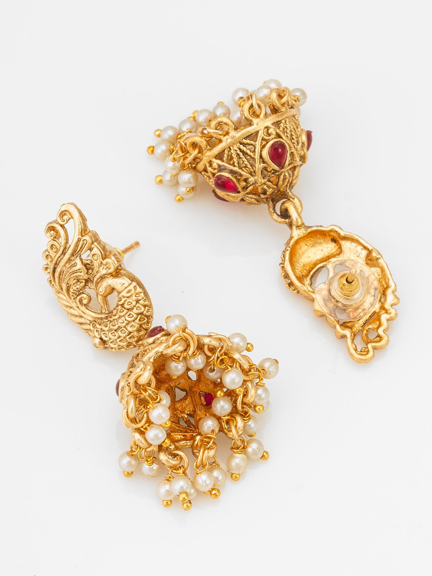 Aadita Nakshi Temple Long Rani Haar with Peacock Motif Pendant with Stones and Pearl Drop Earrings