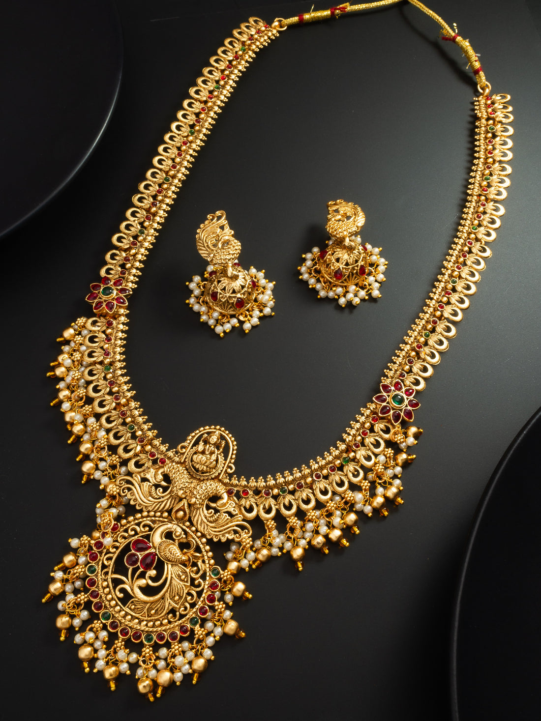 Nakshi Temple Long Rani Haar with Peacock Pendant and Pearl Drop