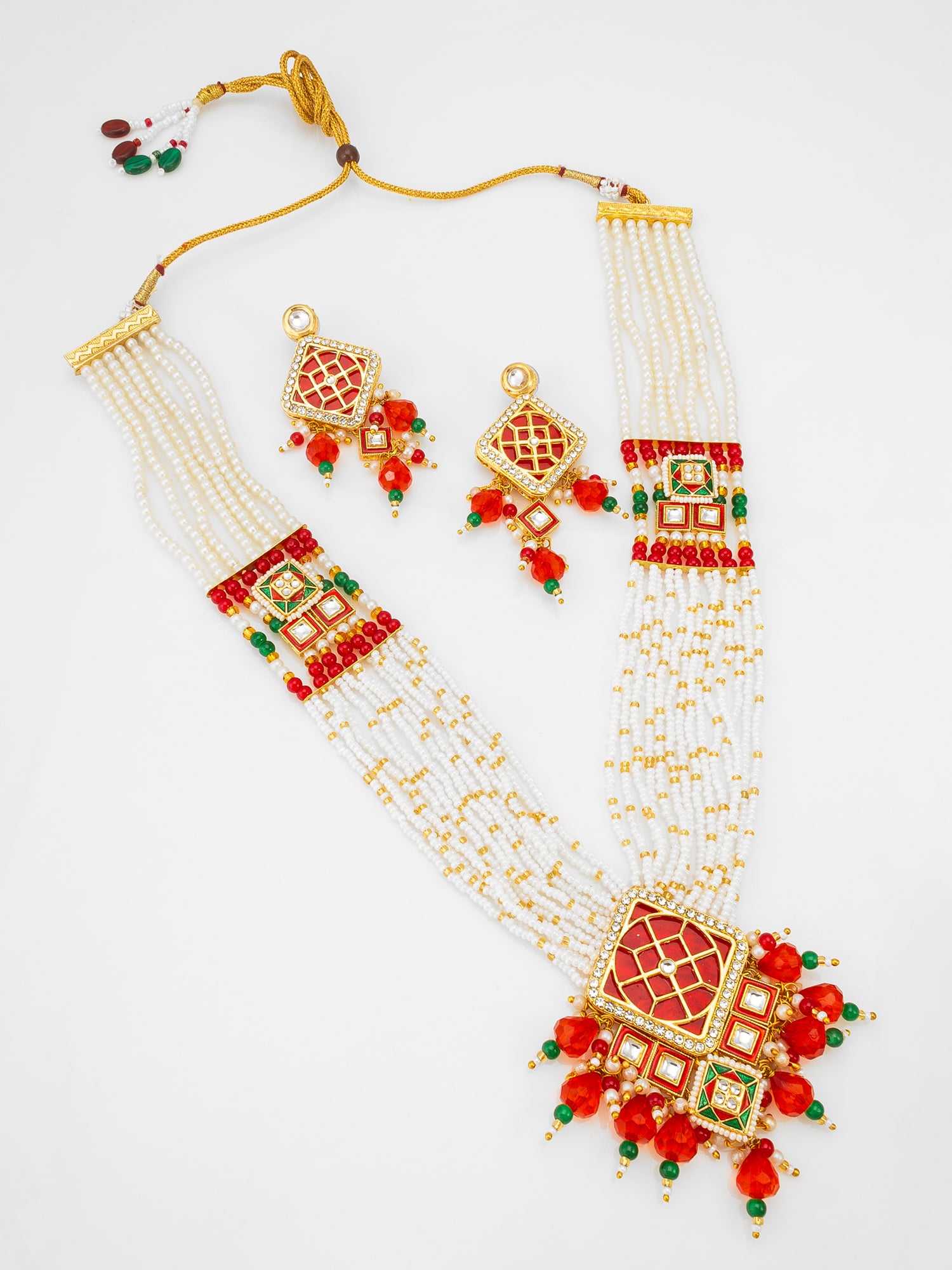 Aadita White Pearl Multi-Strand Long Kundan Necklace Set with Square Geometric Pendant and Earrings