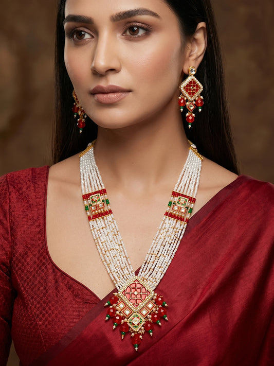 Aadita White Pearl Multi-Strand Long Kundan Necklace Set with Square Geometric Pendant and Earrings