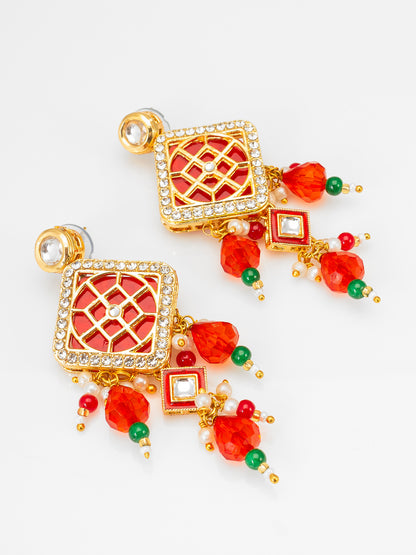 Aadita White Pearl Multi-Strand Long Kundan Necklace Set with Square Geometric Pendant and Earrings