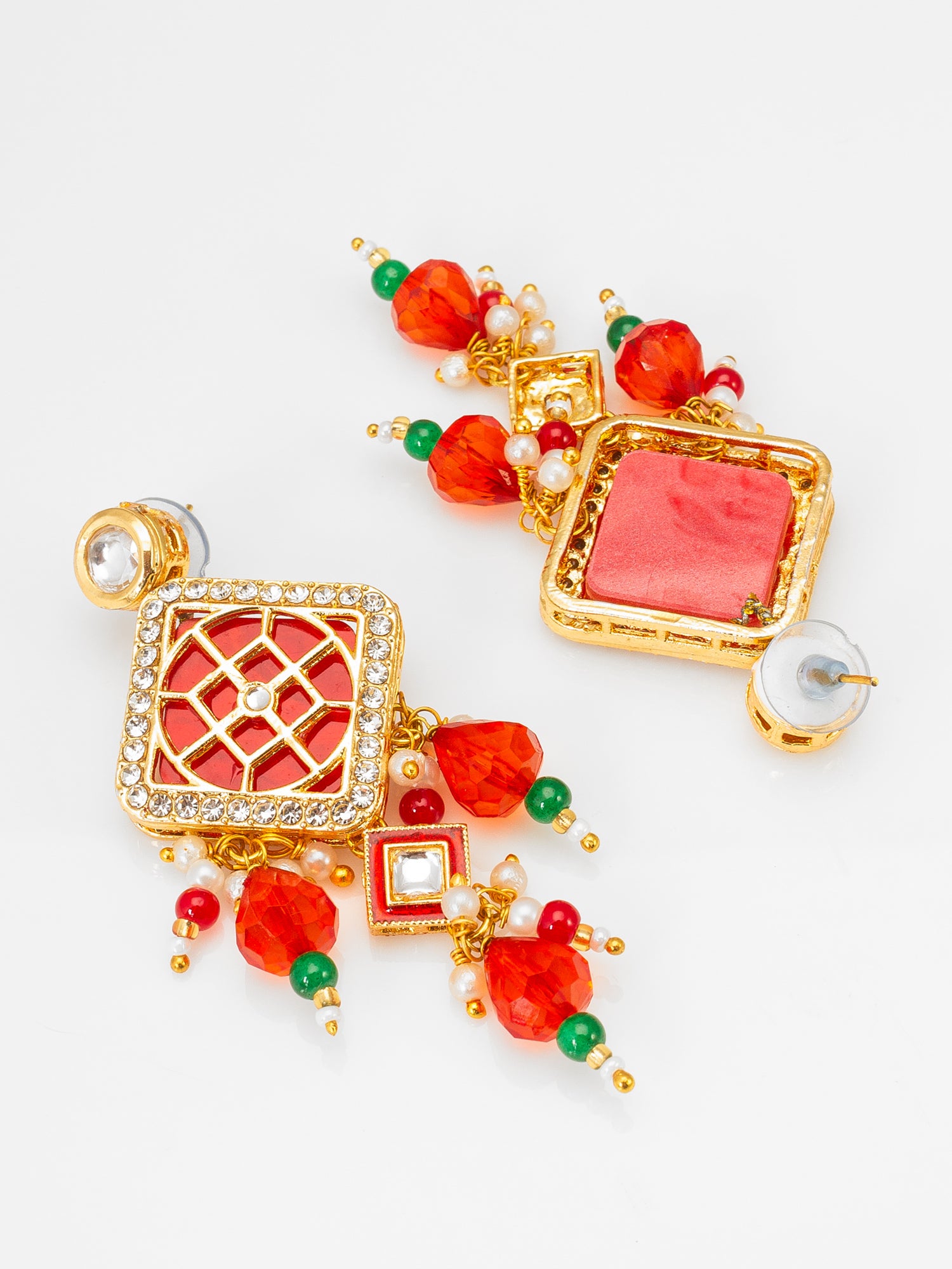 Aadita White Pearl Multi-Strand Long Kundan Necklace Set with Square Geometric Pendant and Earrings