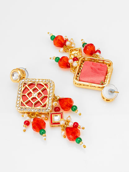 Aadita White Pearl Multi-Strand Long Kundan Necklace Set with Square Geometric Pendant and Earrings
