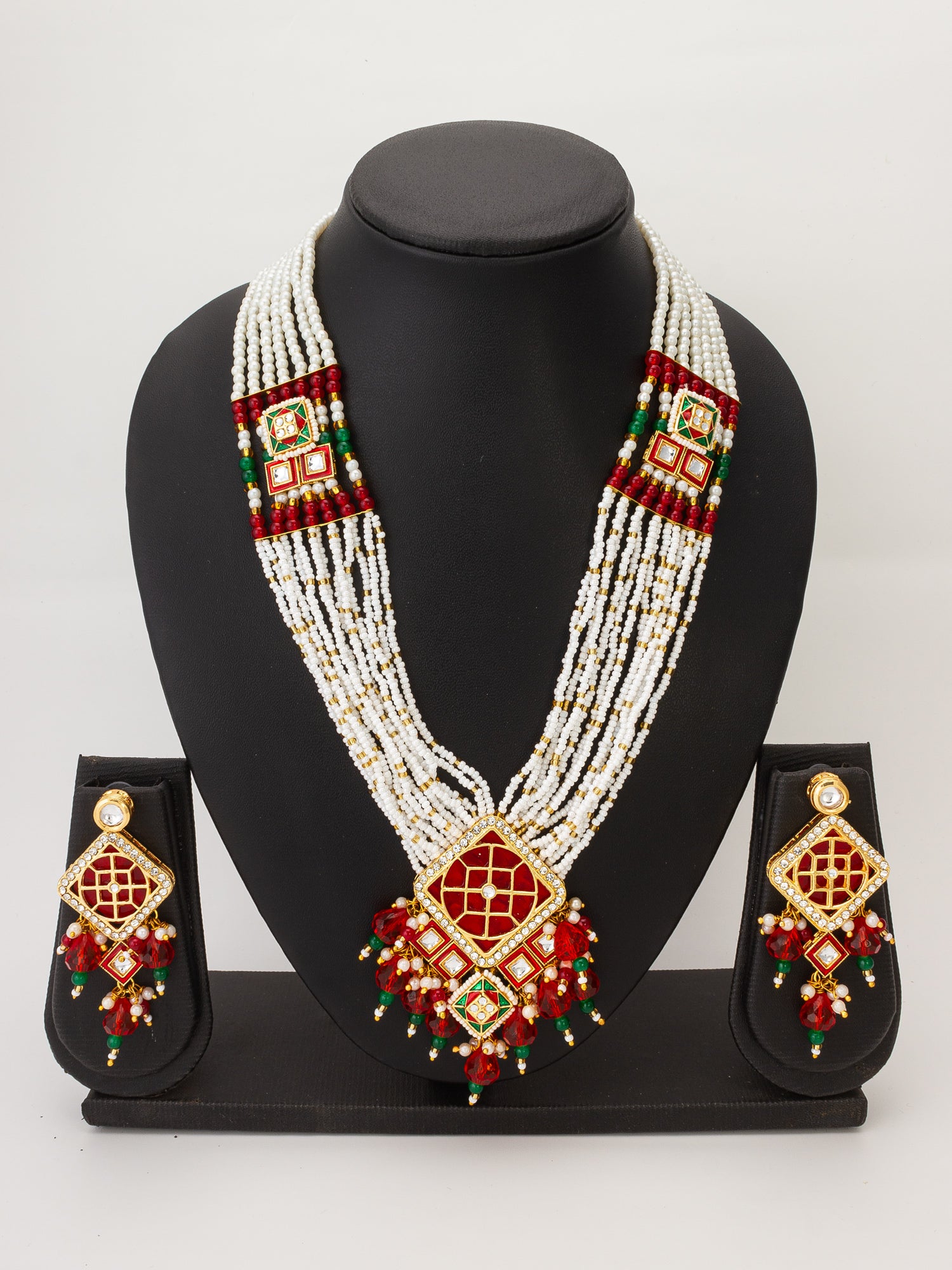 Aadita White Pearl Multi-Strand Long Kundan Necklace Set with Square Geometric Pendant and Earrings