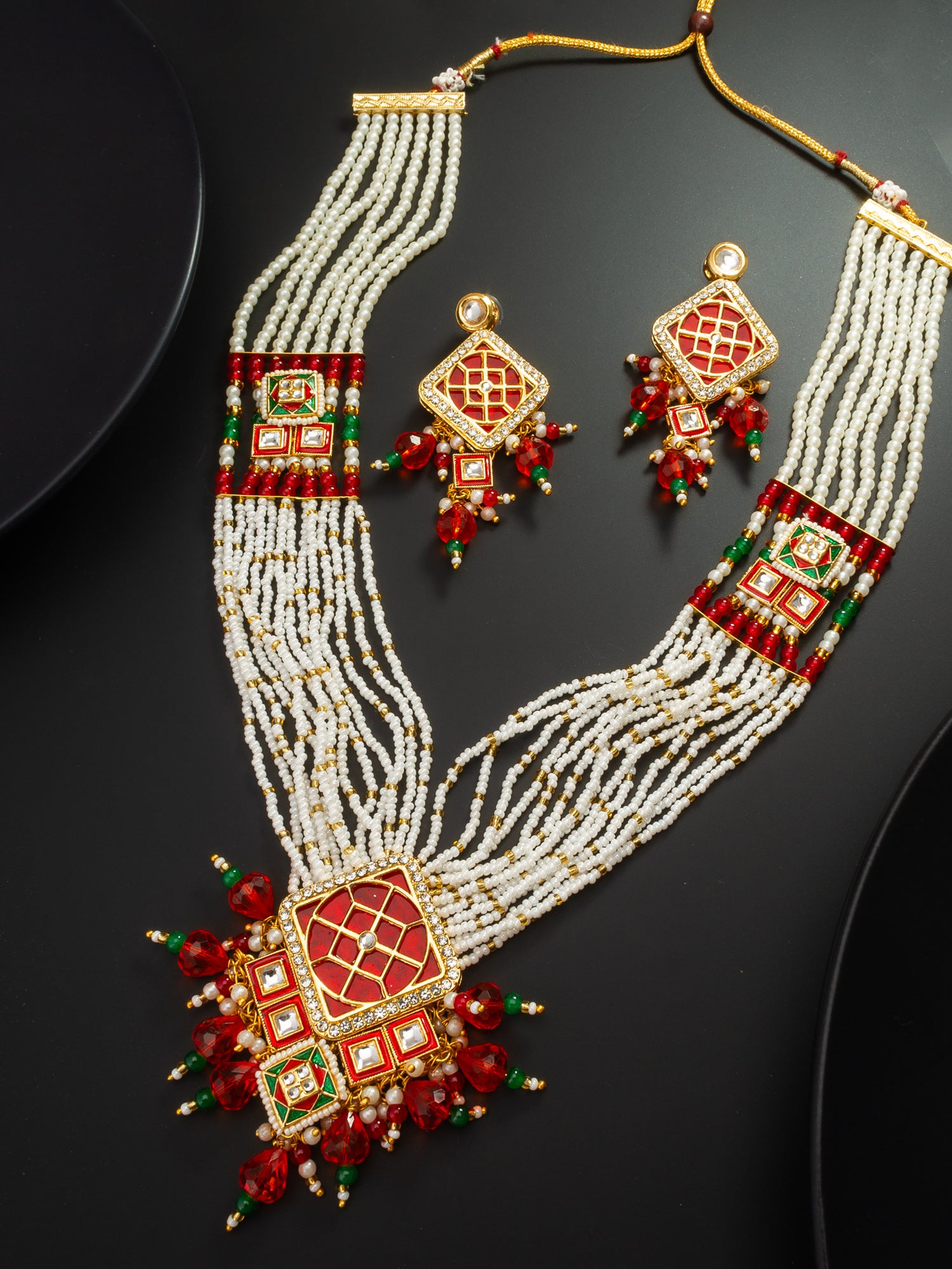 Aadita White Pearl Multi-Strand Long Kundan Necklace Set with Square Geometric Pendant and Earrings