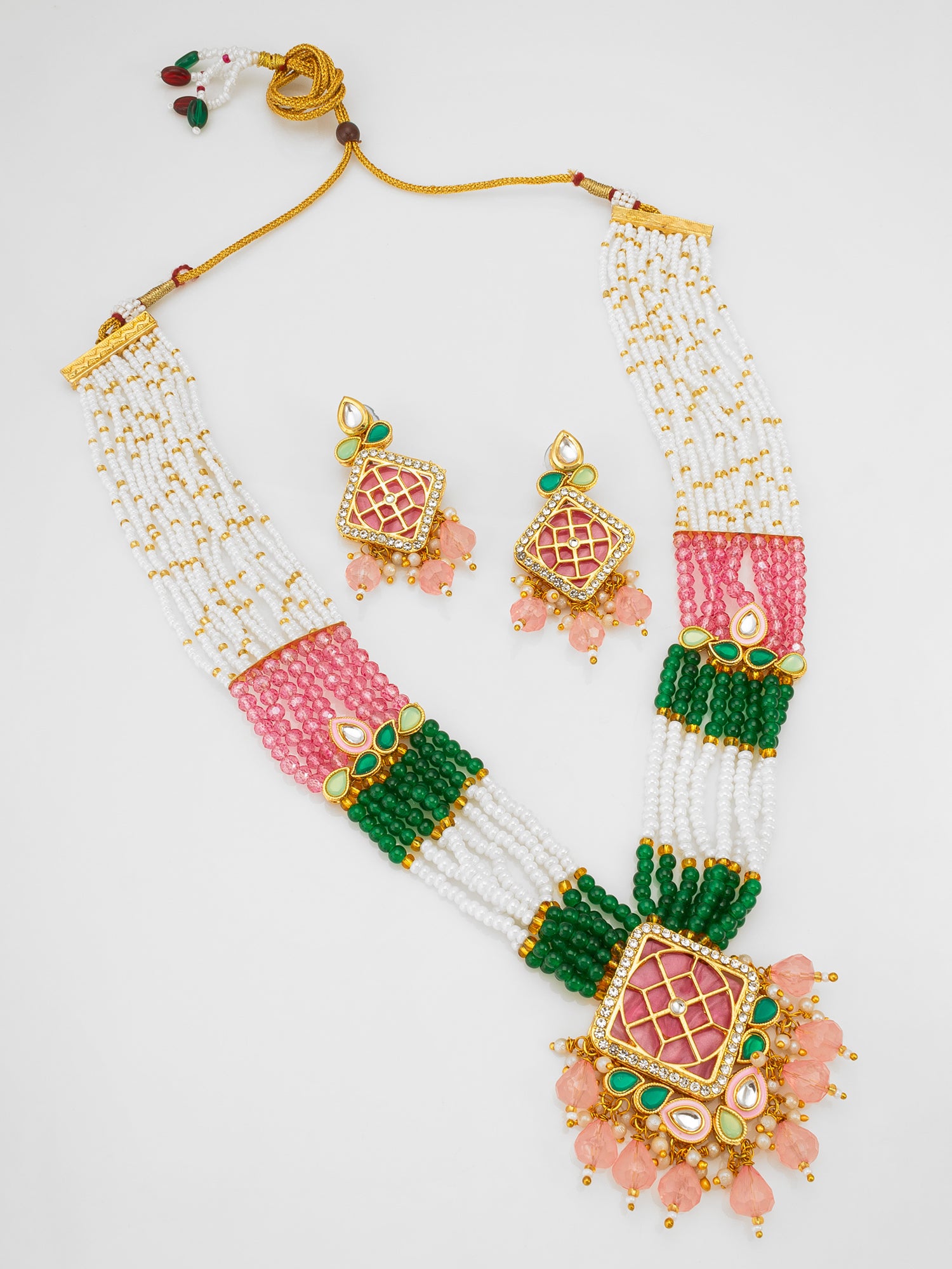 Aadita White Pearl Multi-Strand Kundan Necklace Set with Pink Enamel Square Pendant and Earrings