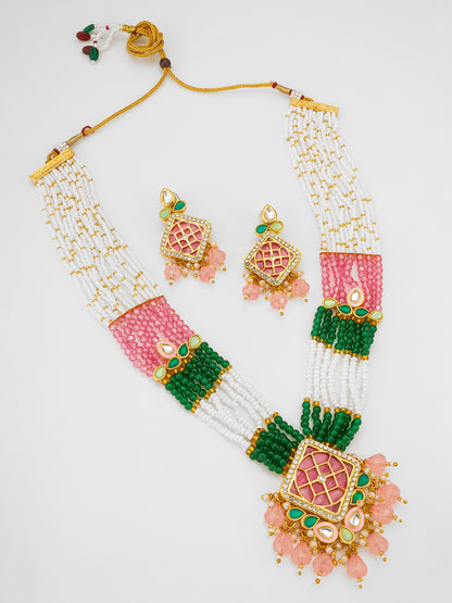 Aadita White Pearl Multi-Strand Kundan Necklace Set with Pink Enamel Square Pendant and Earrings