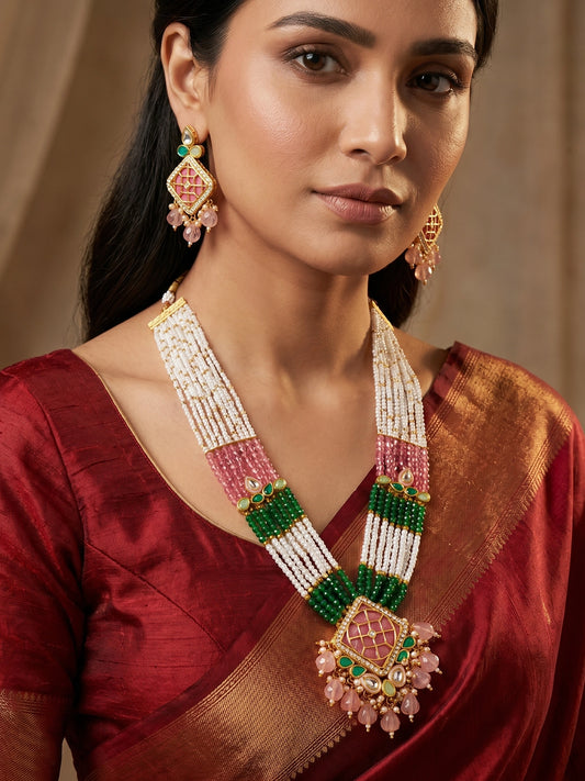 Aadita White Pearl Multi-Strand Kundan Necklace Set with Pink Enamel Square Pendant and Earrings