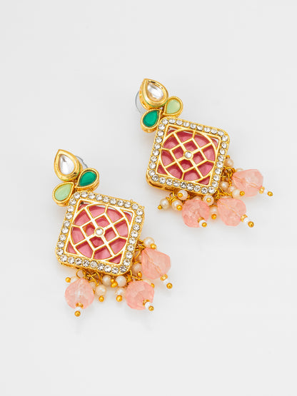 Aadita White Pearl Multi-Strand Kundan Necklace Set with Pink Enamel Square Pendant and Earrings