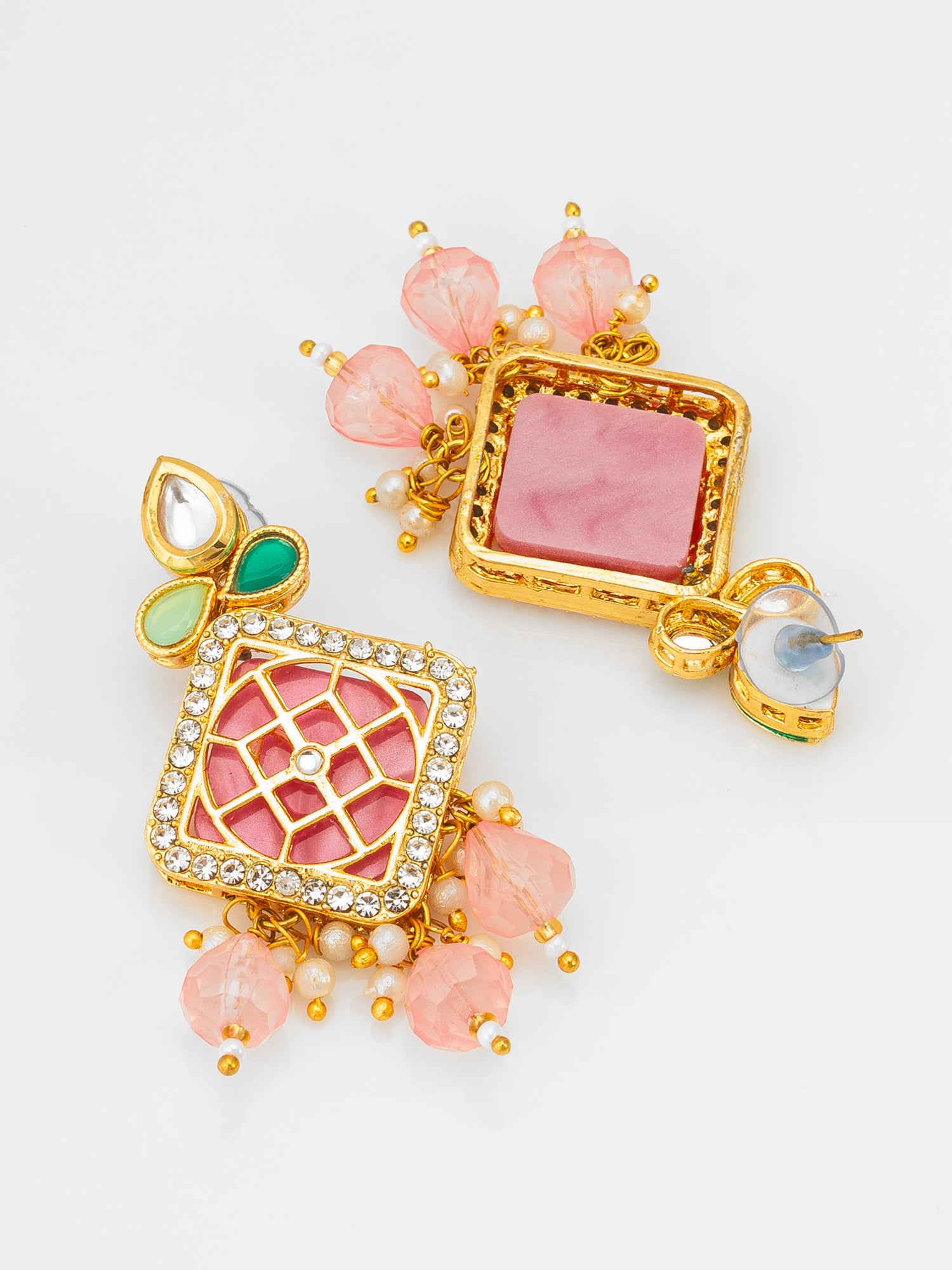 Aadita White Pearl Multi-Strand Kundan Necklace Set with Pink Enamel Square Pendant and Earrings