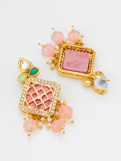 Aadita White Pearl Multi-Strand Kundan Necklace Set with Pink Enamel Square Pendant and Earrings