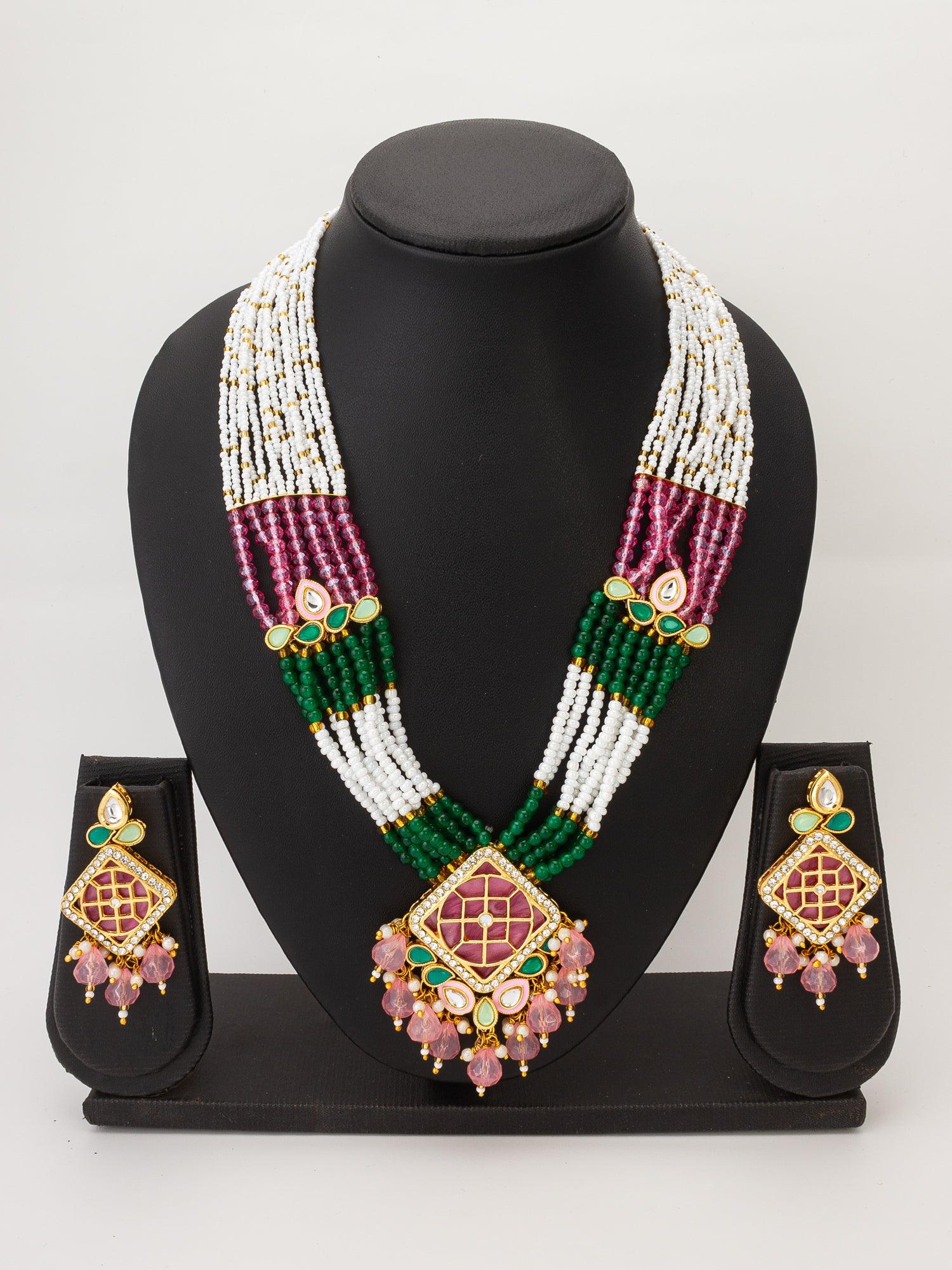 Aadita White Pearl Multi-Strand Kundan Necklace Set with Pink Enamel Square Pendant and Earrings