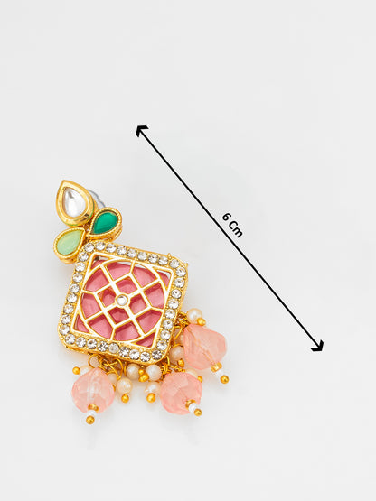 Aadita White Pearl Multi-Strand Kundan Necklace Set with Pink Enamel Square Pendant and Earrings