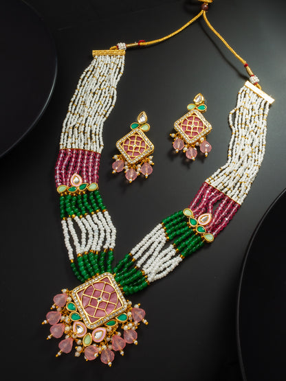 Aadita White Pearl Multi-Strand Kundan Necklace Set with Pink Enamel Square Pendant and Earrings