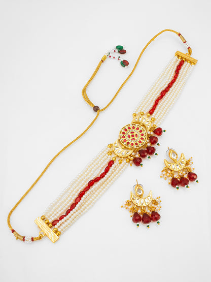 Aadita White Pearl Strand Choker Necklace Set with  Moon Pendant and Chandbali Earrings