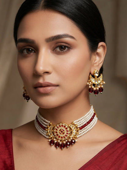 Aadita White Pearl Strand Choker Necklace Set with  Moon Pendant and Chandbali Earrings