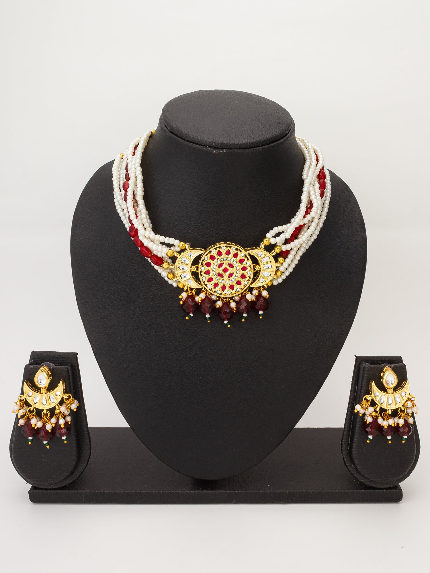 Aadita White Pearl Strand Choker Necklace Set with  Moon Pendant and Chandbali Earrings