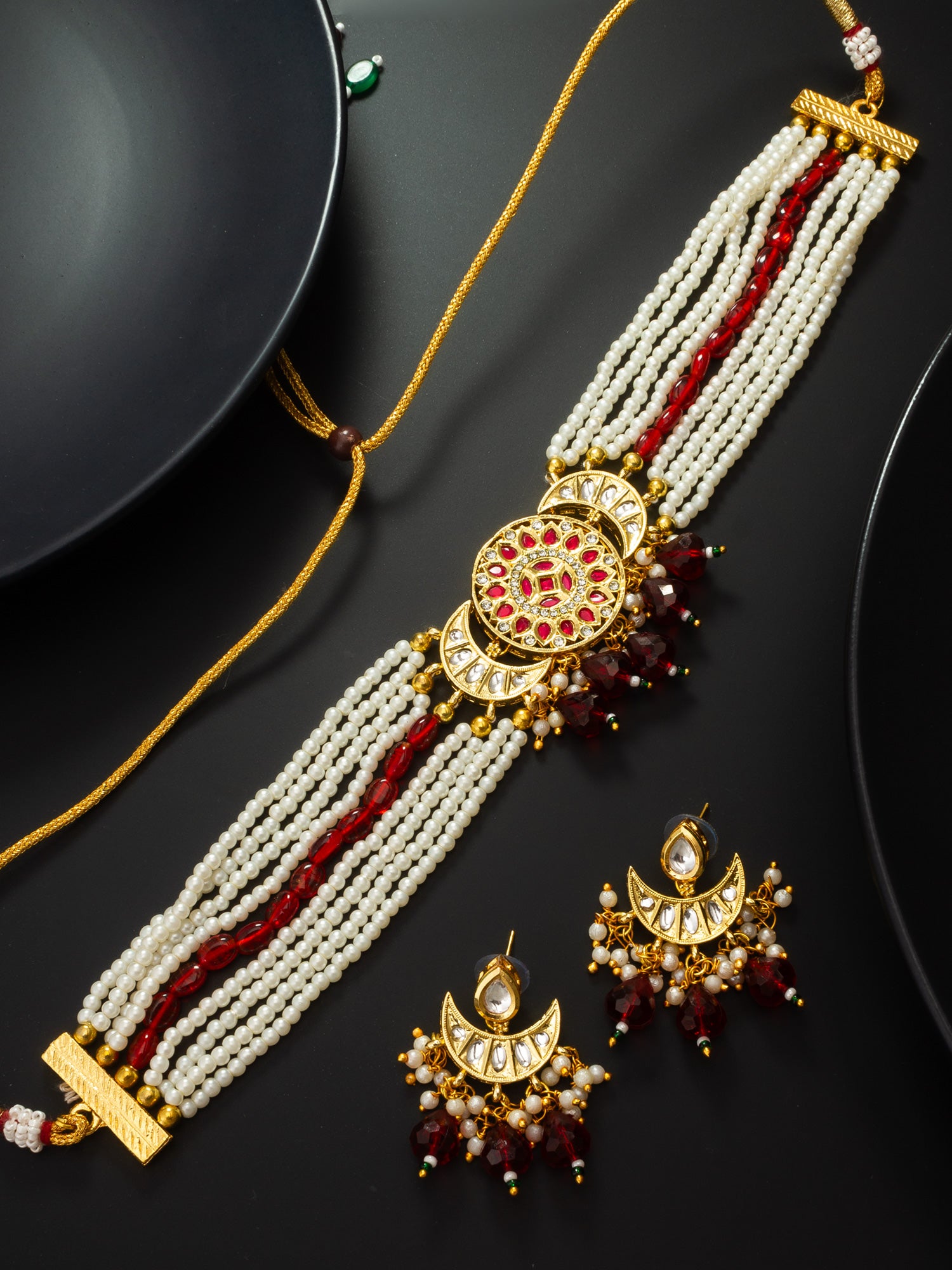 Aadita White Pearl Strand Choker Necklace Set with  Moon Pendant and Chandbali Earrings
