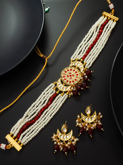 Aadita White Pearl Strand Choker Necklace Set with  Moon Pendant and Chandbali Earrings