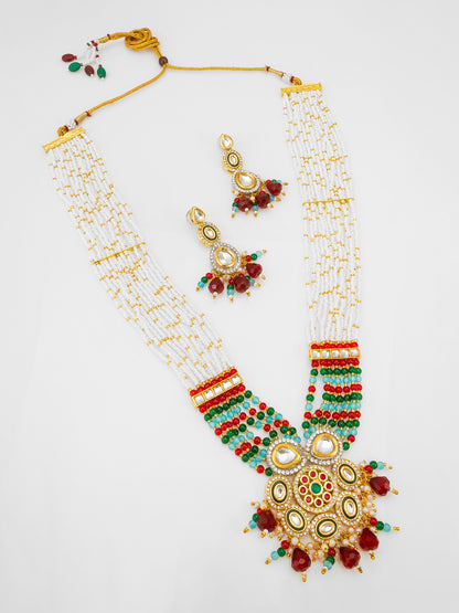 Aadita White Multi-Strand Necklace Set with Floral Pendant and Polki Earrings
