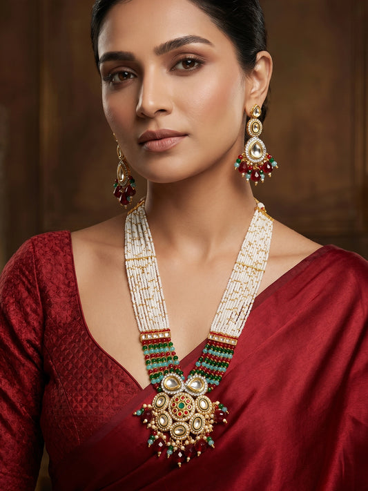 Aadita White Multi-Strand Necklace Set with Floral Pendant and Polki Earrings