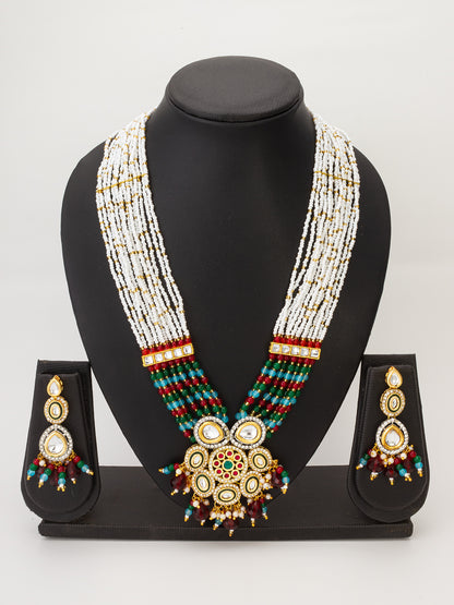 Aadita White Multi-Strand Necklace Set with Floral Pendant and Polki Earrings