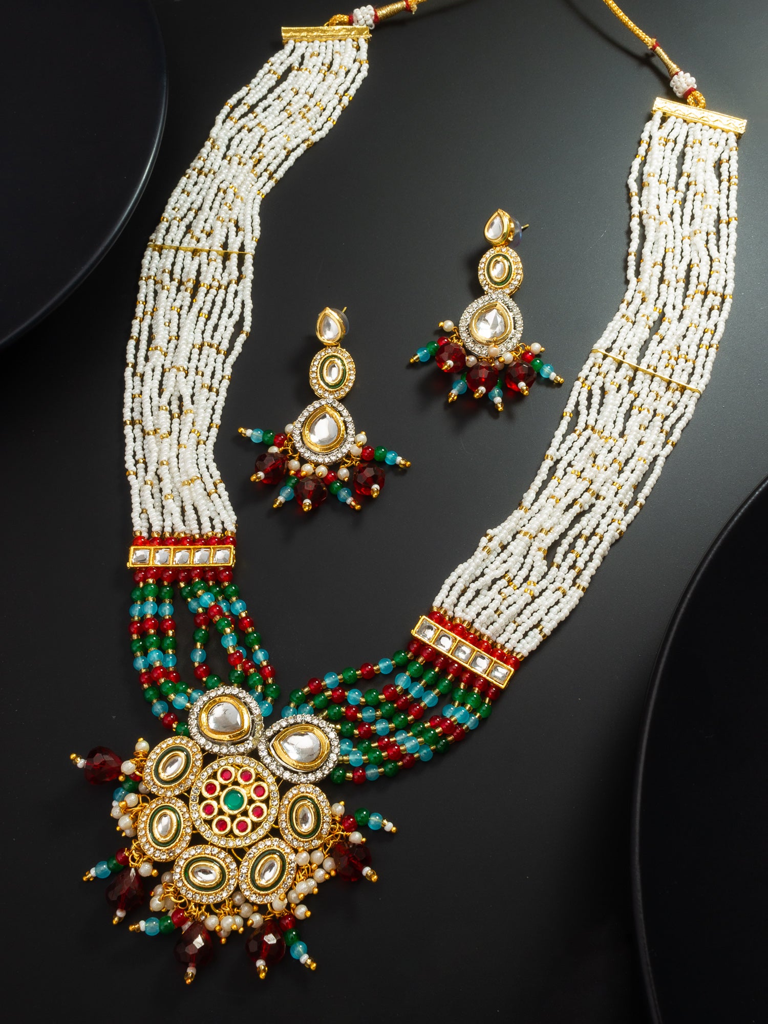 Aadita White Multi-Strand Necklace Set with Floral Pendant and Polki Earrings