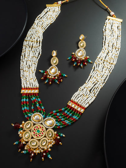 Aadita White Multi-Strand Necklace Set with Floral Pendant and Polki Earrings