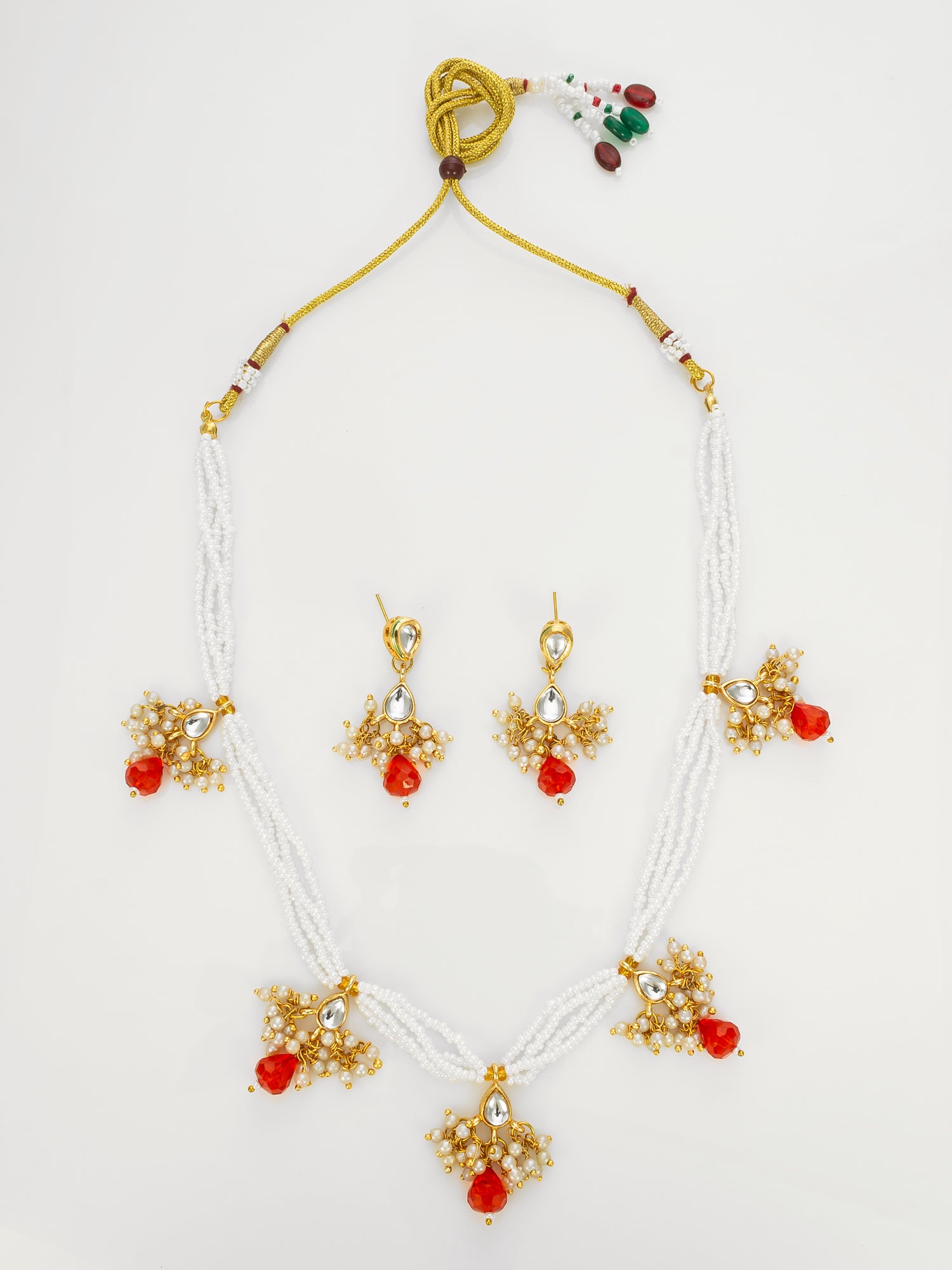 Aadita Gold Plated Multistrand Beaded Necklace Set with Kundan and Red Drop Stones