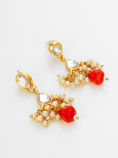 Aadita Gold Plated Multistrand Beaded Necklace Set with Kundan and Red Drop Stones
