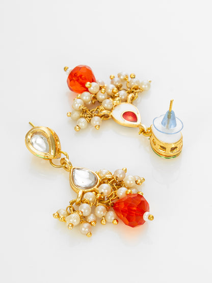 Aadita Gold Plated Multistrand Beaded Necklace Set with Kundan and Red Drop Stones