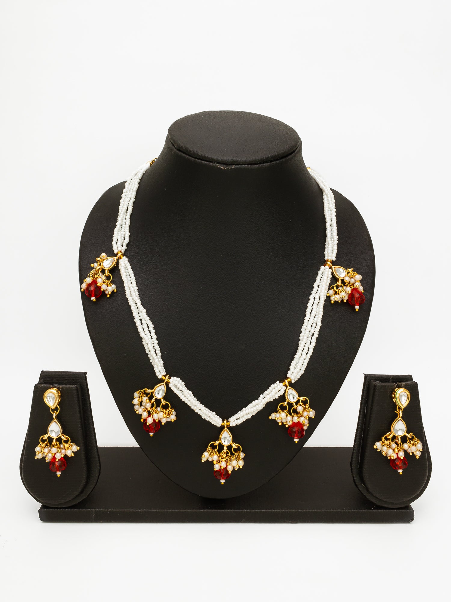 Aadita Gold Plated Multistrand Beaded Necklace Set with Kundan and Red Drop Stones