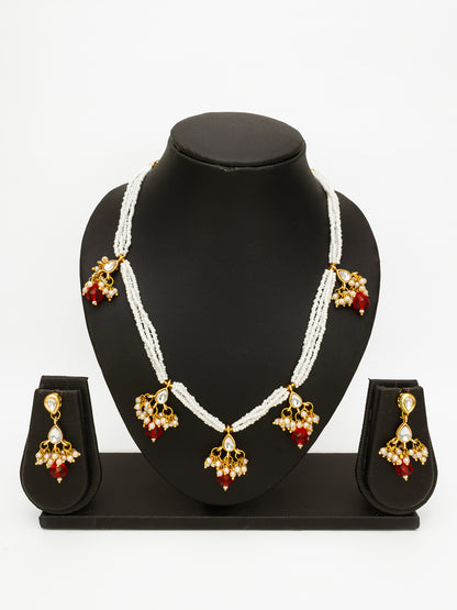 Aadita Gold Plated Multistrand Beaded Necklace Set with Kundan and Red Drop Stones